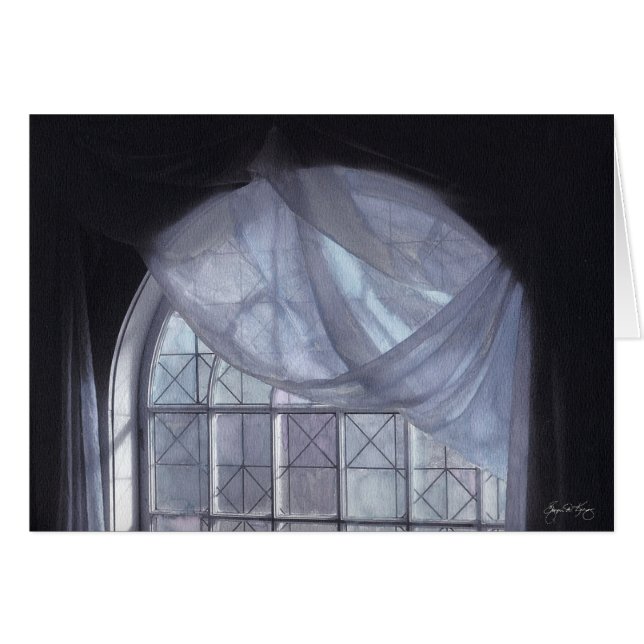 Cartão Cortina azul em uma janela arqueada (Frente Horizontal)