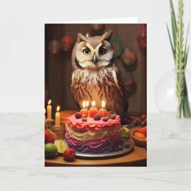 Cartão Coruja com Bolo de Aniversário (Frente)