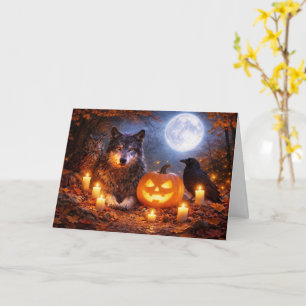 Cartão Coruja de Lobo Corvo Feliz Halloween em Cena de Ou