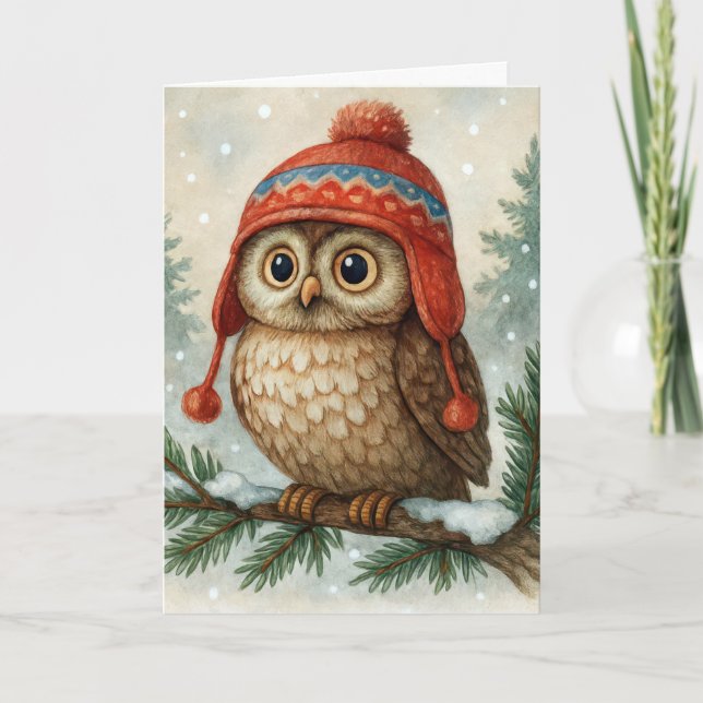 Cartão Coruja de Natal com Chapéu de Inverno (Frente)
