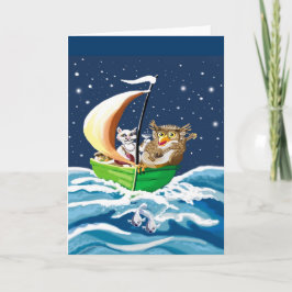 Cartão coruja e gatinha foram para o mar