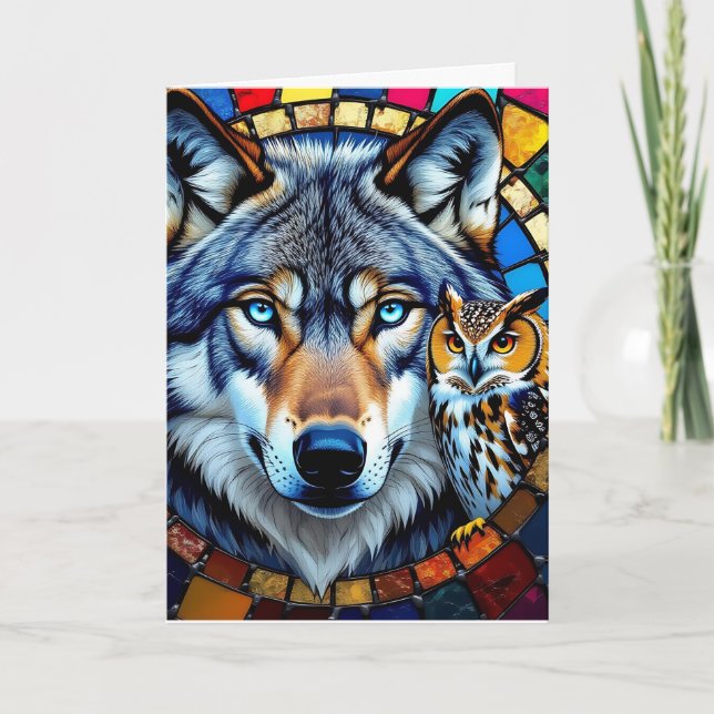 Cartão Coruja e Lobo do Estilo Mosaico | Feliz aniversári (Frente)