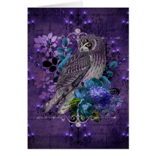 Cartão Coruja Elegante, chandeliers e joias florais
