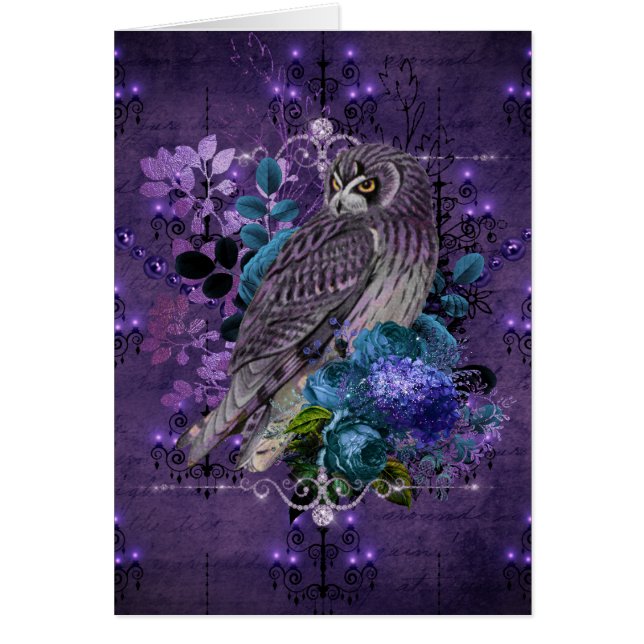 Cartão Coruja Elegante, chandeliers e joias florais (Frente)