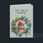Cartão Coruja Romântica que quero no Natal é você<br><div class="desc">Coruja da Diversão Romântica que quero no Natal é você sob o Mistério</div>