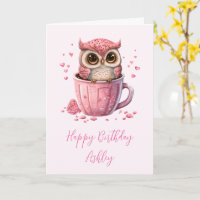 Coruja Rosa Fofa em um Copo de Aniversário
