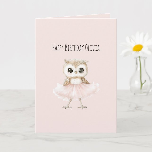 Cartão Coruja Tutu Rosa Aniversário (Planta pequena)