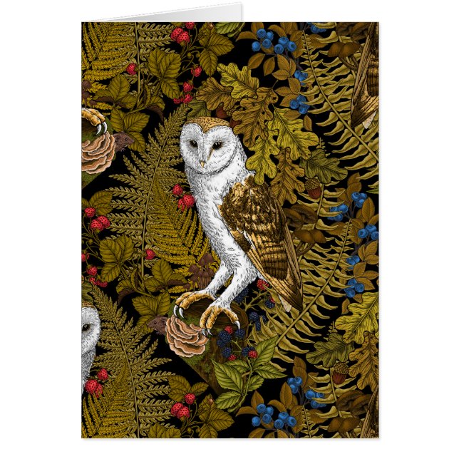 Cartão Corujas, samambaias, carvalho e bagas 2 (Frente)