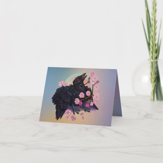 Cartão Corvo-preto com flores de maçã (Frente)