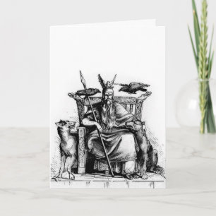 Cartão Corvos de Odin em seu trono de pedra mitologia vik