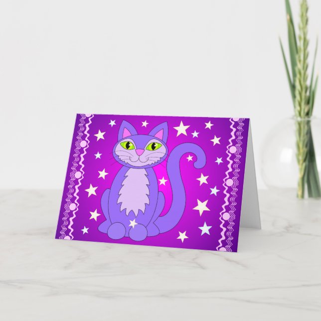 Cartão Cosmic Design Cat Stars Art Purple Greeting Cards (Frente)