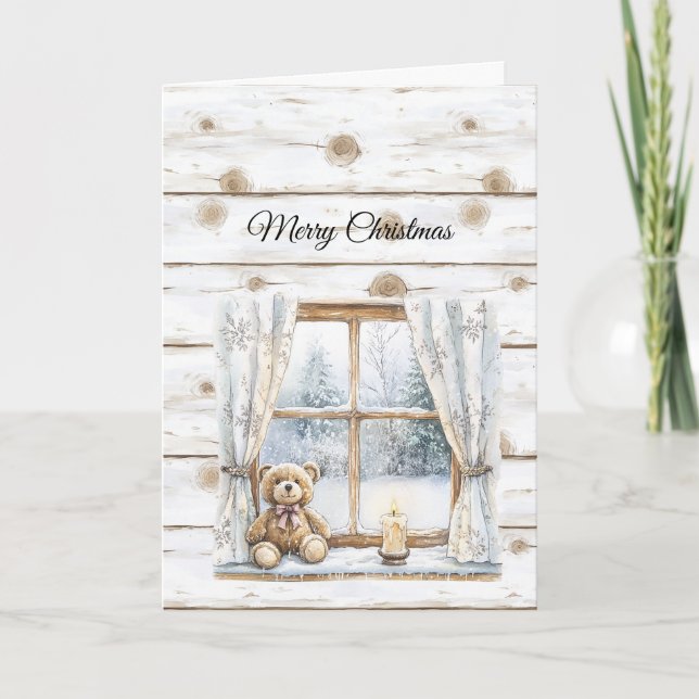 Cartão Country Christmas Trees Snow Teddy Bear Window (Frente)