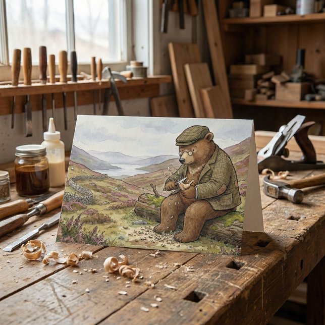 Cartão Countryside Carving Bear Traditional Father's Day (A Father's Day Card of a brown bear illustration in the Countryside whittling a wooden bird.)
