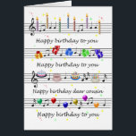 Cartão Cousin Funny Happy Birthday Song Sheet Music<br><div class="desc">A fun way to wish your cousin a happy birthday. This card has everything,  cake,  candles,  balloons,  presents,  and more cake! Sing a birthday song and wish a happy birthday with a funny birthday card.</div>