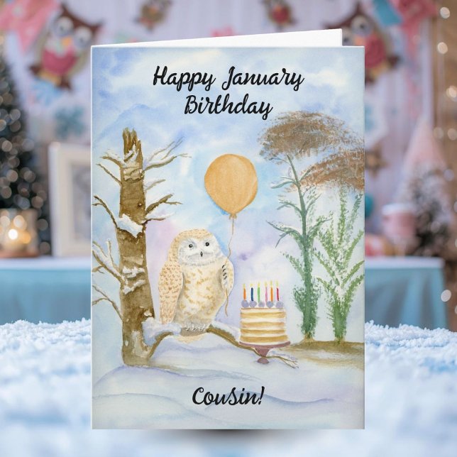 Cartão Cousin Happy January Birthday Owl Cake (Criador carregado)