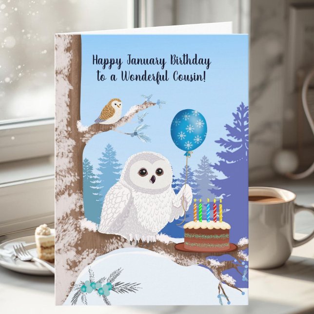 Cartão Cousin Happy January Birthday Snowy Owl (Criador carregado)