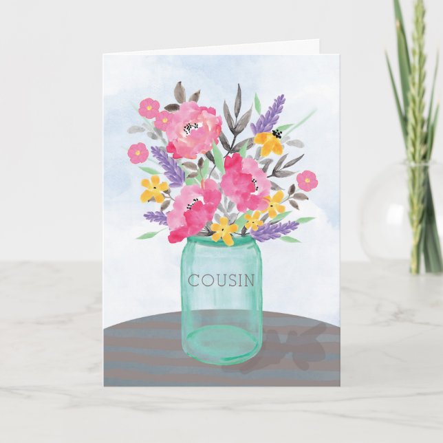 Cartão Cousin Mother's Day Mason Jar Vase with Flowers (Frente)