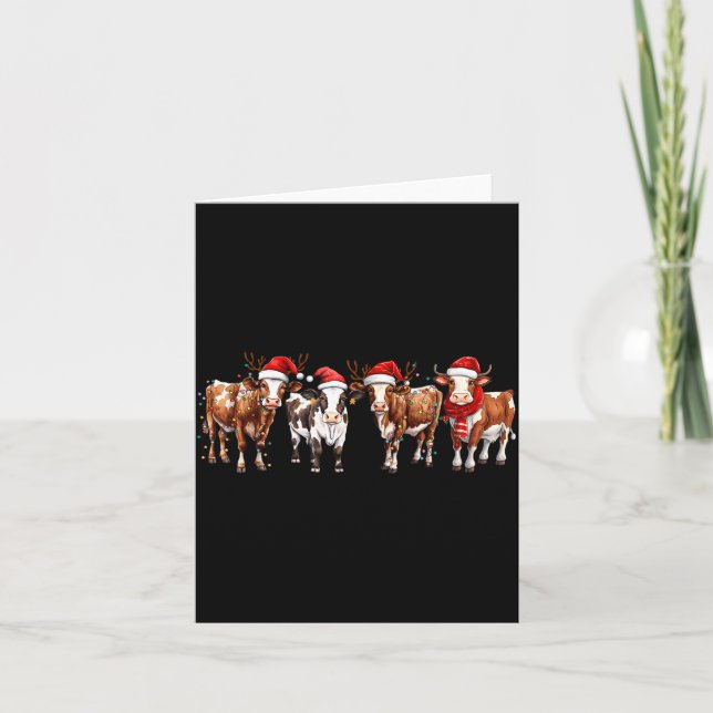 Cartão Cow Reindeer Santa Hat Christmas Light Funny Cows  (Frente)