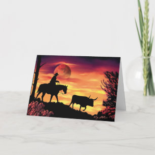 Cartão Cowboy Herding Longhorn Steer
