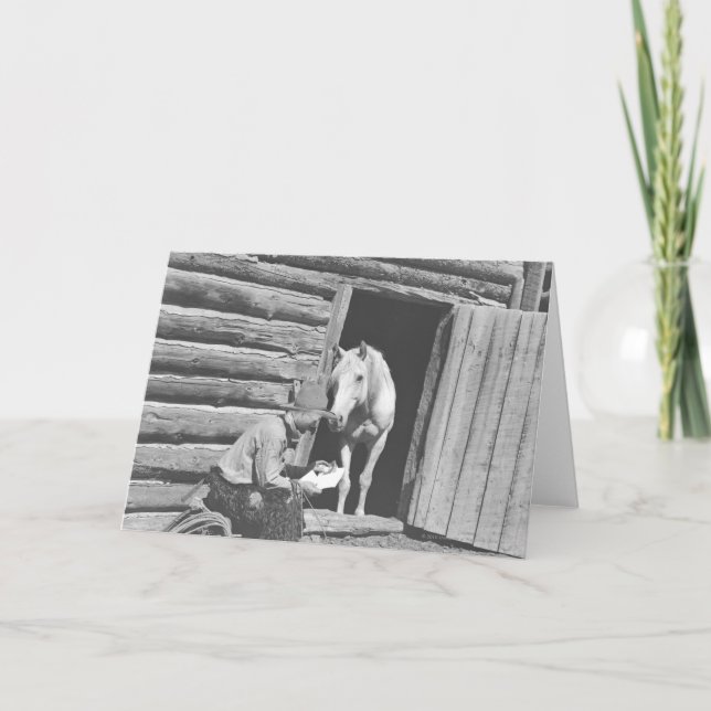 Cartão Cowboy reading a letter with a horse (Frente)
