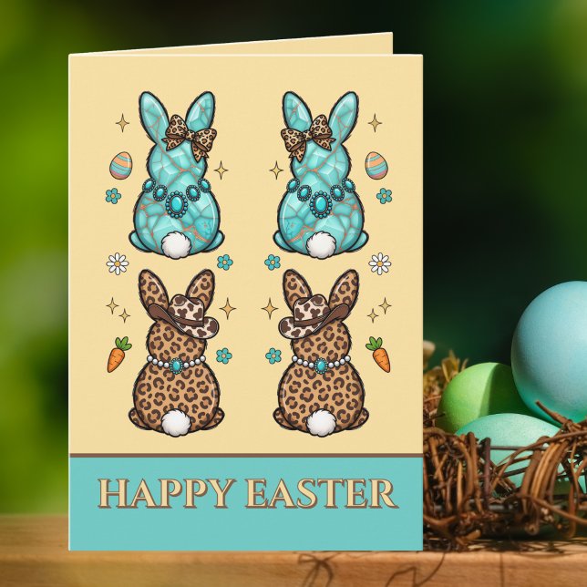 Cartão Cowgirl Leopard Print Teal Brown Bunnies  Easter  (Criador carregado)