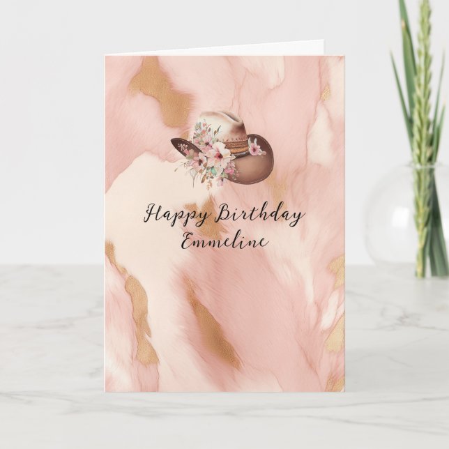 Cartão Cowgirl Pink Cream Brown Cowhide Hat & Boots (Frente)