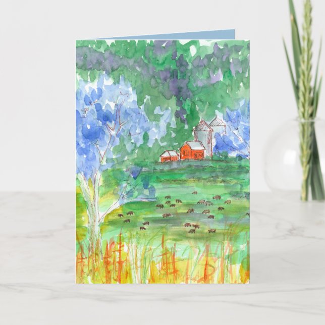 Cartão Cows Red Barn Happy Birthday (Frente)