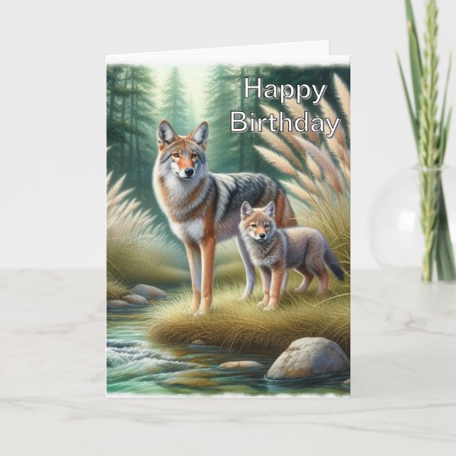 Cartão Coyote and Pup Happy Birthday Wildlife  (Frente)