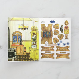 Cartão Cozinha Antiga Adorável em Xadrez, Boneca de Papel