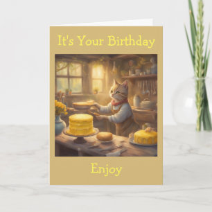 Cartão Cozinha Cottagecore Gato Fazendo Bolo de Aniversár