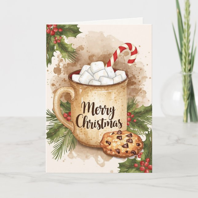 Cartão Cozy cocoa merry Christmas cookie holly festive (Frente)