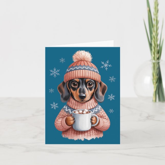 Cartão Cozy Dachshund Dog With Hot Cocoa Holiday Winter S (Frente)