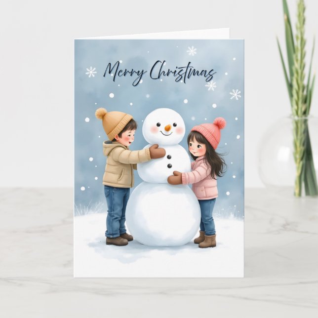 Cartão Cozy Kids Building a Snowman Blank Christmas (Frente)