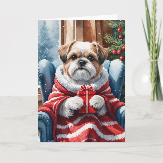 Cartão Cozy Shih Tzu com presentes Arte Aquarela de inver (Frente)