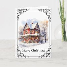 Cartão Cozy Snowy Victorian House – Merry Christmas Card