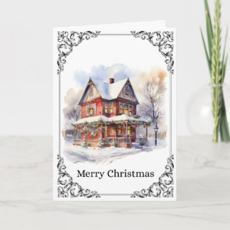 Cartão Cozy Snowy Victorian House – Merry Christmas Card