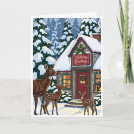 Cartão Cozy Winter Cabin with Deer Family
