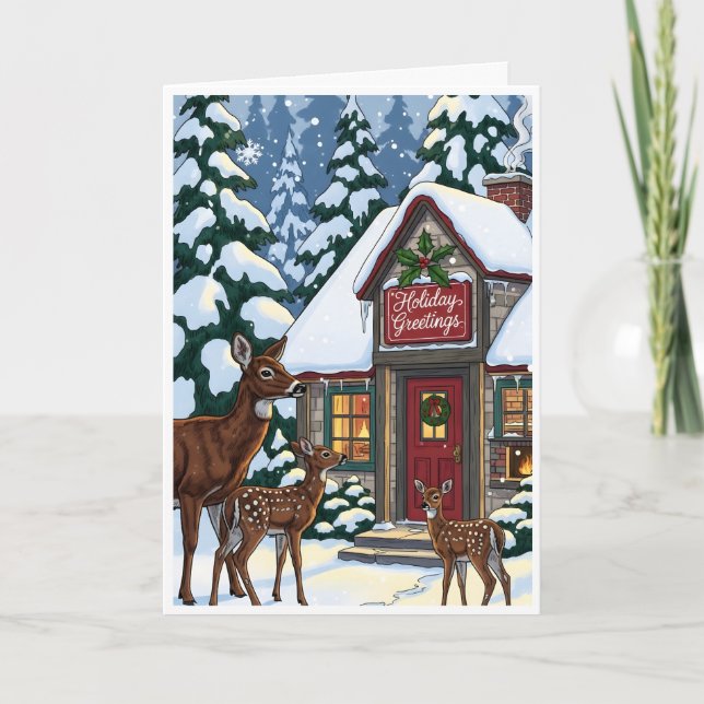 Cartão Cozy Winter Cabin with Deer Family  (Frente)
