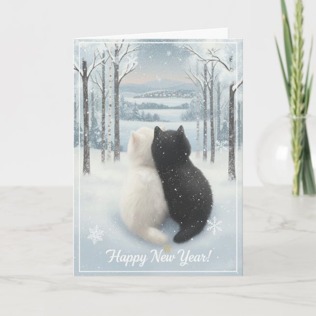 Cartão Cozy Winter Cats “Happy New Year” Folded Greeting  (Frente)