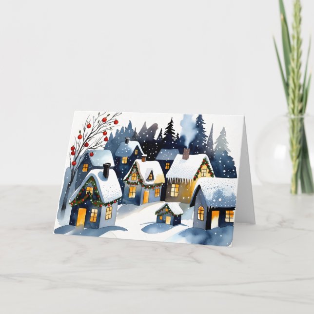 Cartão Cozy Winter Village Watercolor Christmas Greeting  (Frente)