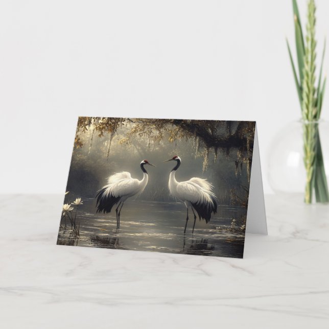 Cartão Crane Pair em um Misty Marsh (Frente)