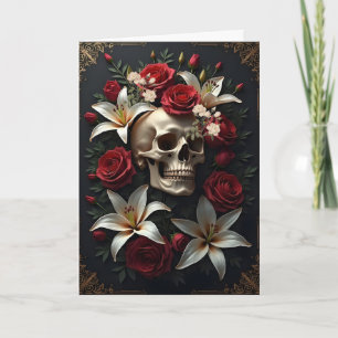 Cartão Crânio com Flores Vermelhas e Brancas Aniversário