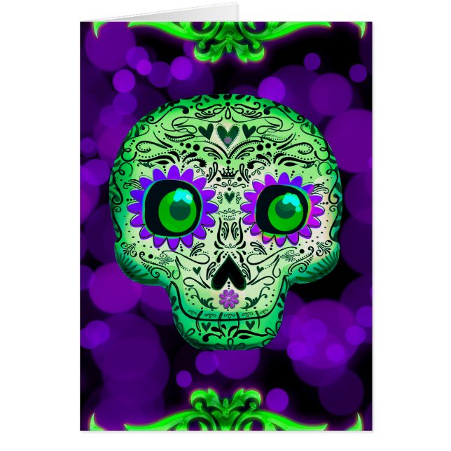 Cartão Crânio de Açúcar Verde e Puro Brilhante Halloween (Frente)