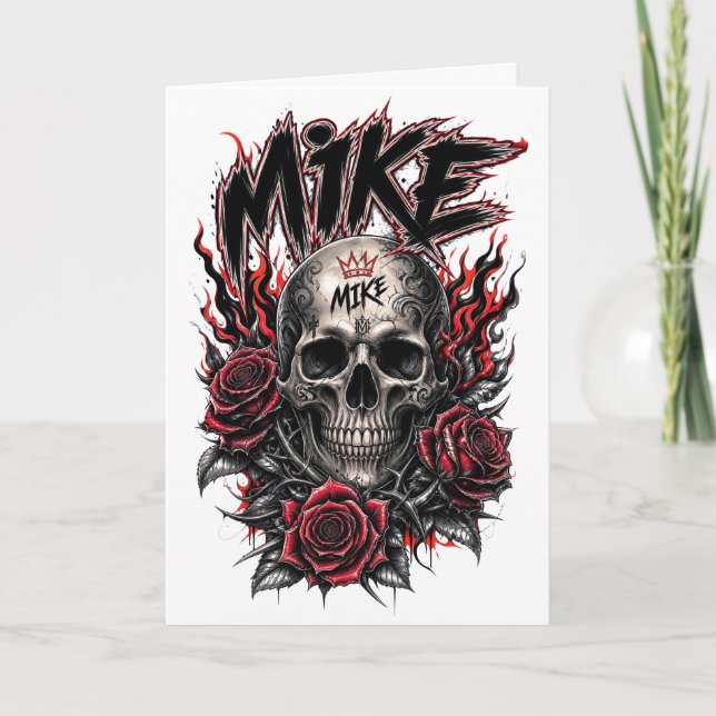 Cartão Crânio Gótico Mike com Rosas Vermelhas e Chamas (Frente)