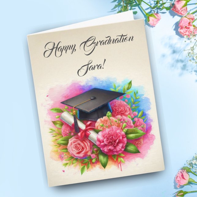 Cartão Cravos e Rosas de Aquarela com Boné de formatura (Time to celebrate with this beautiful graduation card!)