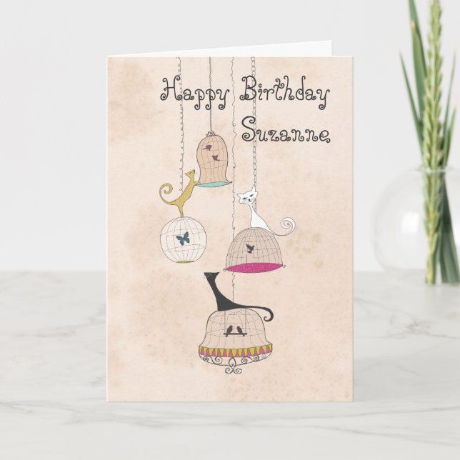 Cartão Crazy Cat Lady Cats n Birdcages birthday cards (Frente)