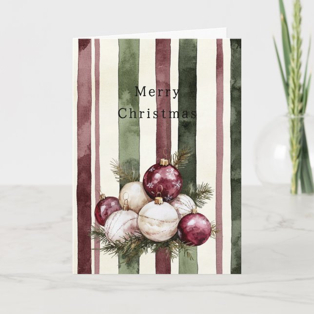 Cartão Cream Burgundy Red Stripes Christmas Ornaments (Frente)