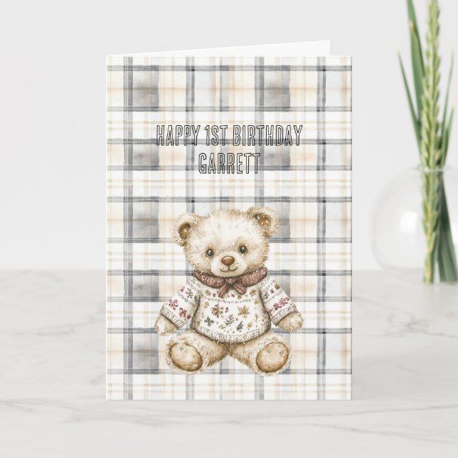 Cartão Cream Grey Plaid Stripes Teddy Bear Birthday (Frente)