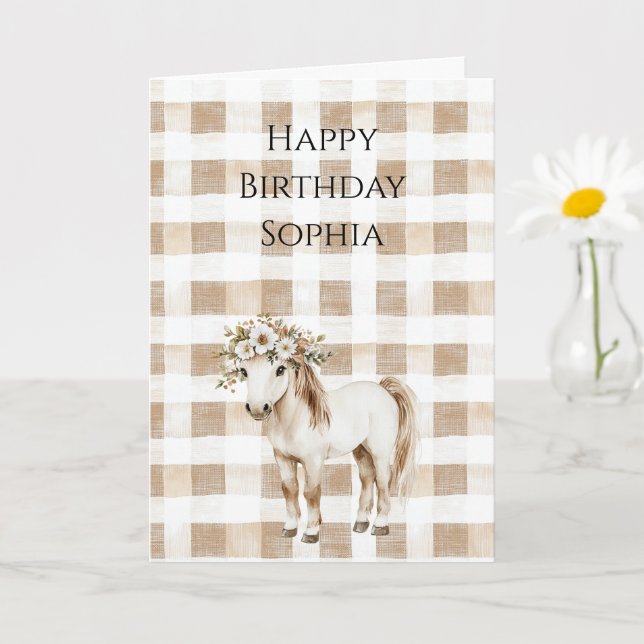 Cartão Cream White Plaid Stripes Floral Horse Birthday (Planta pequena)
