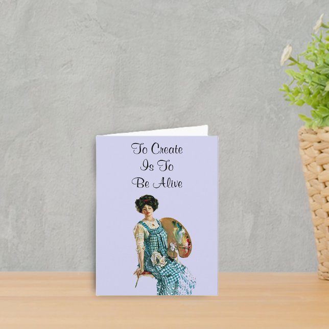 Cartão Creative Artist Note Card (Victorian artist lady holding paint pallete To Create is to be Alive pale blue notecard.)